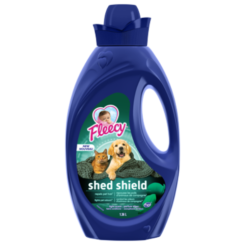 Fleecy Shed Shield liquid fabric softener, 1.36L bottle, repels pet hair and fights odors, light scent formula for pet-friendly laundry care.