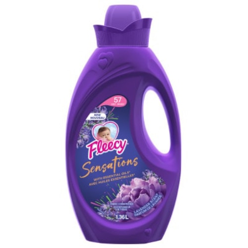 Fleecy Sensations Lavender liquid fabric softener with essential oils, 1.36L purple bottle for 57 loads, long-lasting floral fragrance for clothes.