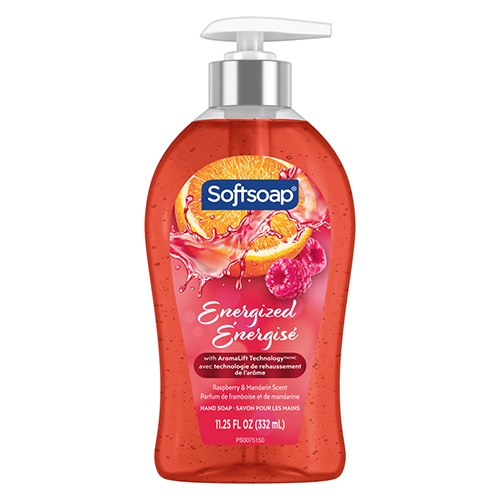 Softsoap Energized liquid hand soap with AromaLift Technology, raspberry and mandarin scent, in an 11.25 fluid ounce pump bottle