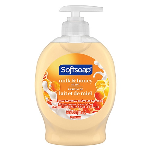 Softsoap milk and honey scent moisturizing liquid hand soap in a 7.5 fluid ounce pump bottle