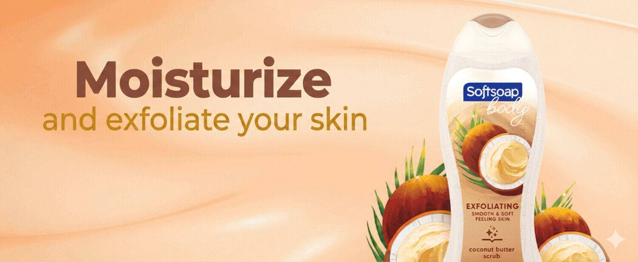 A bottle of Softsoap coconut butter body scrub with a creamy base, featuring the text: "Moisturizes and exfoliates your skin."
