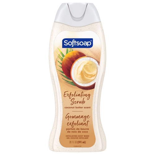 Front view of a 20-fluid-ounce bottle of Softsoap Coconut Butter Exfoliating Body Wash. The label depicts a whole coconut cut in half, revealing creamy white flesh and green leaves.
