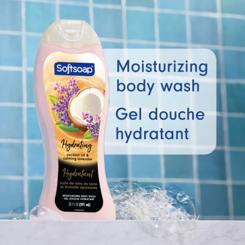 Softsoap body wash bottle on a marble surface with bubbles. Text in English and French reads: Moisturizing body wash. Gel douche hydratant.