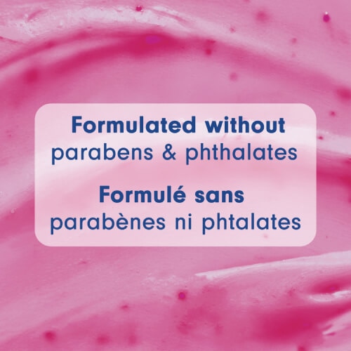 Macro background of pink exfoliating gel texture. A central text box reads "Formulated without parabens & phthalates" and "Formulé sans parabènes ni phtalates."
