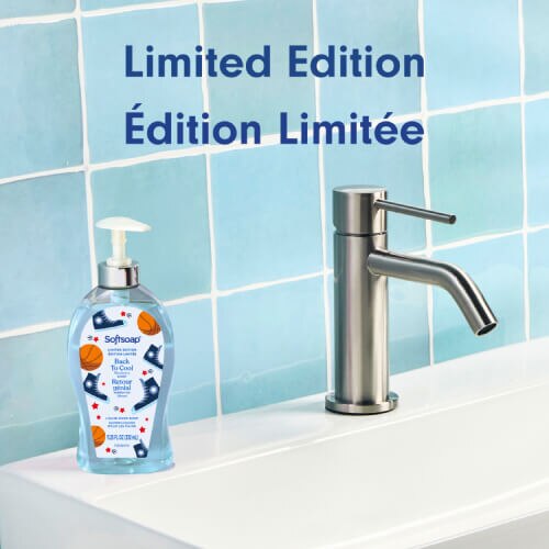 Softsoap Back to Cool Blueberry hand soap on a sink. Text: "Limited Edition / Édition Limitée."