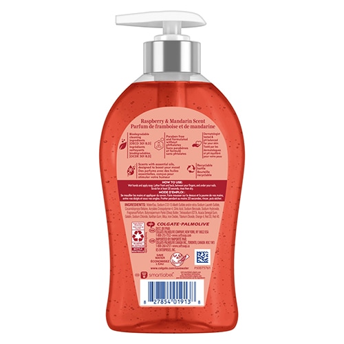 Softsoap Energized liquid hand soap with AromaLift Technology, raspberry and mandarin scent, in an 11.25 fluid ounce pump bottle, back