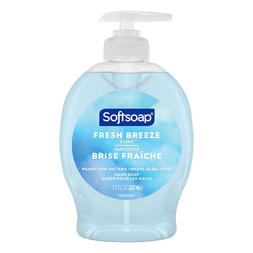 Front view of a clear Softsoap Fresh Breeze liquid hand soap bottle, featuring a round blue label with graphics of a sailboat sailing on ocean waves.