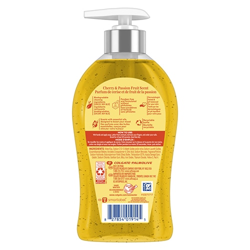 Softsoap Joyful liquid hand soap with AromaLift Technology, cherry and passion fruit scent, in an 11.25 fluid ounce pump bottle, back