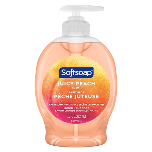 Softsoap Juicy Peach scent liquid hand soap in a 7.5 fluid ounce pump bottle