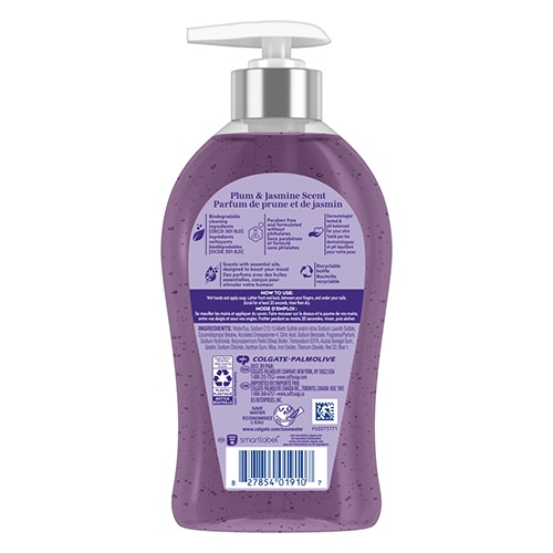 Softsoap Renewed liquid hand soap with AromaLift Technology, plum and jasmine scent, in an 11.25 fluid ounce pump bottle, back