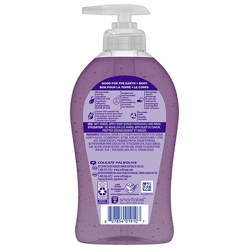 Back label of Softsoap Renewed purple hand soap bottle showing ingredients, company details, SmartLabel logo, and recycling facts.