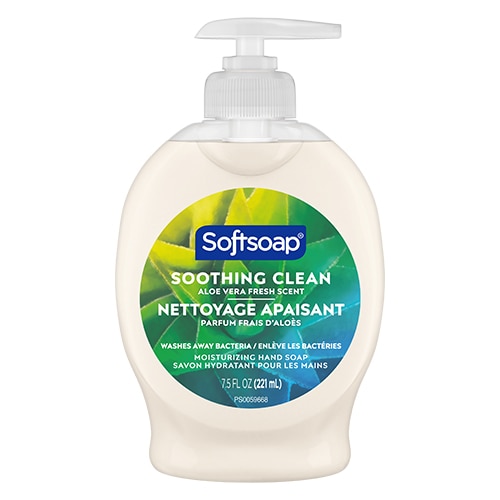 Front view of a Softsoap Soothing Clean Aloe Vera liquid hand soap bottle, featuring a circular green and blue label with an aloe plant graphic.