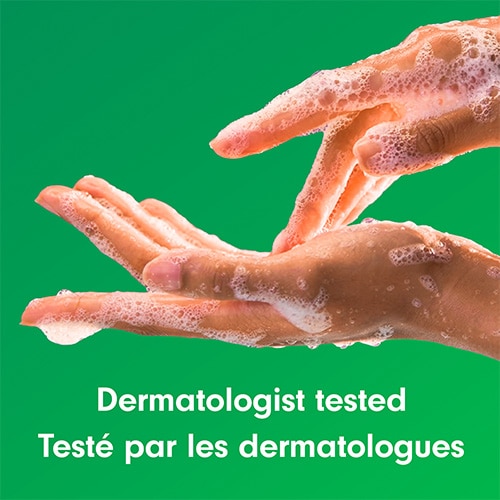 Two hands washing with a rich, foamy soap lather against a solid green background, with text: "Dermatologist tested / Testé par les dermatologues".