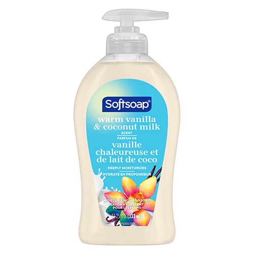 Front view of a Softsoap Warm Vanilla and Coconut Milk moisturizing liquid hand soap bottle, featuring a light blue label with a vanilla flower graphic.
