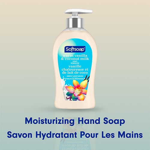 Centered Softsoap Warm Vanilla and Coconut Milk hand soap bottle reflecting onto a smooth surface with the product name written below.