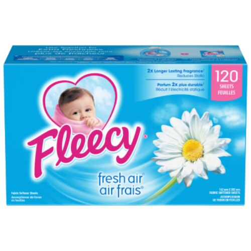 Feuilles assouplissantes Fleecy Fraîcheur de plein air, boîte de 120, réduit l'électricité statique avec un parfum 2x plus durable, arborant le logo de bébé et la marguerite blanche.