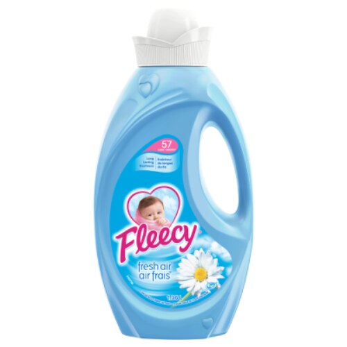 Adoucissant liquide Fleecy Fresh Air, flacon de 1,36 l avec logo bébé et marguerite, pour 57 lessives de fraîcheur durable.
