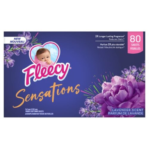 Adoucissant liquide Fleecy Sensations à la lavande et aux huiles essentielles, flacon violet de 1,36 l pour 57 lessives, parfum floral longue durée pour les vêtements.