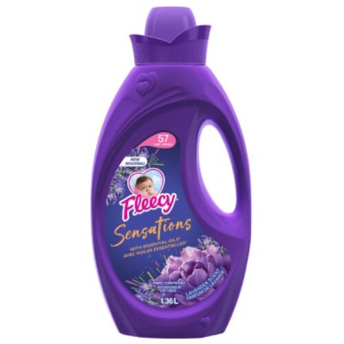 Adoucissant liquide Fleecy Sensations à la lavande et aux huiles essentielles, flacon violet de 1,36 l pour 57 lessives, parfum floral longue durée pour les vêtements.