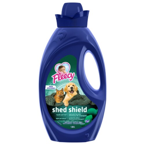 Assouplissant textile liquide Fleecy Barrière anti-mue, bouteille de 1,36 L, repousse les poils d’animaux et combat les odeurs, formule au parfum léger pour le soin de la lessive des propriétaires d’animaux.