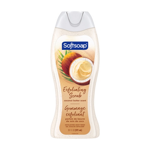 Vue de face d'un flacon de 591 ml de gel douche exfoliant au beurre de noix de coco Softsoap. L'étiquette représente une noix de coco entière coupée en deux, dévoilant sa chair blanche et crémeuse ainsi que ses feuilles vertes.