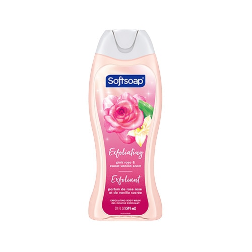 Une bouteille de 20 onces du gel douche exfoliant Softsoap « Rose rose et vanille douce ». L'étiquette représente une grande rose rose épanouie ainsi qu'une fleur de vanille blanche accompagnée d'une feuille verte, le tout sur un fond rose scintillant.