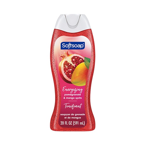 Vue de face d'un flacon de 20 onces liquides du nettoyant corporel hydratant Softsoap « Pomegranate and Mango Spritz ». L'étiquette représente des graines de grenade juteuses ainsi qu'une mangue coupée, accompagnées de feuilles vertes.