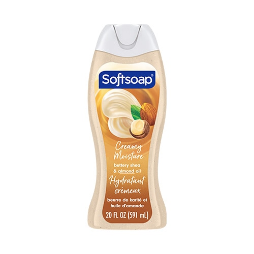 Vue de face d'un flacon de 20 onces liquides du gel douche Softsoap Creamy Moisture, au beurre de karité onctueux et à l'huile d'amande. L'étiquette représente un tourbillon de beurre de karité, une amande entière et une feuille verte.