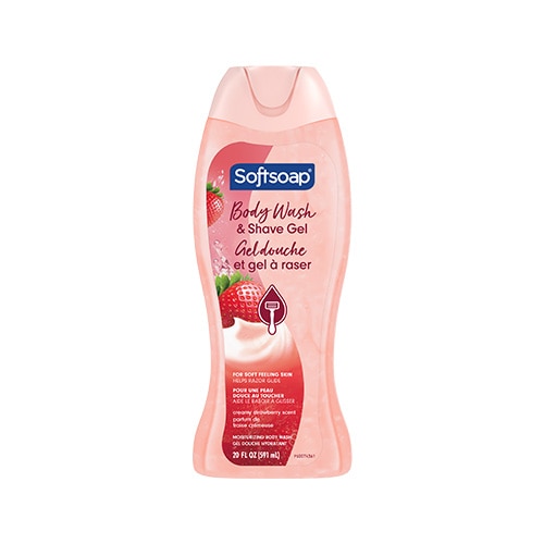 Softsoap 2 en 1 : Nettoyant corporel hydratant et gel de rasage, parfum Fraise crémeuse. Bouteille de 20 onces liquides (591 ml) avec étiquetage en anglais et en français.