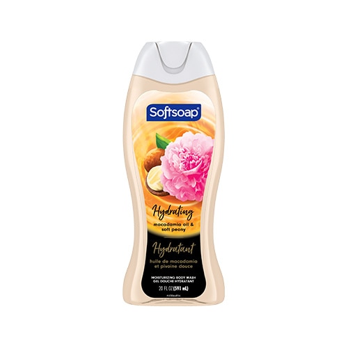 Softsoap Gel douche hydratant, Huiles Lumineuses — Huile de macadamia et pivoine douce, flacon de 591 ml. L'étiquette représente une pivoine rose et des noix de macadamia.