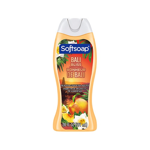 Vue de face d'une bouteille de 20 fl oz (591 ml) de gel douche Softsoap Bali Bliss. L'étiquette représente un temple balinais au coucher du soleil, accompagné de pêches et de gardénias. Le texte indique « Peach & Gardenia Scent » et « Parfum de pêche et de gardénia ».