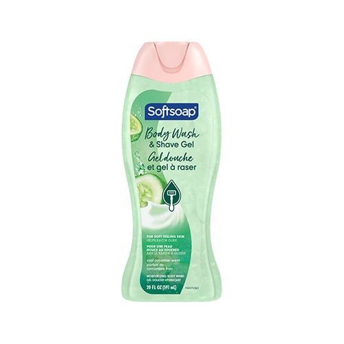Softsoap 2 en 1 : Nettoyant corporel hydratant et gel de rasage – Parfum Concombre frais. Bouteille de 20 onces liquides (591 ml) avec étiquetage en anglais et en français.