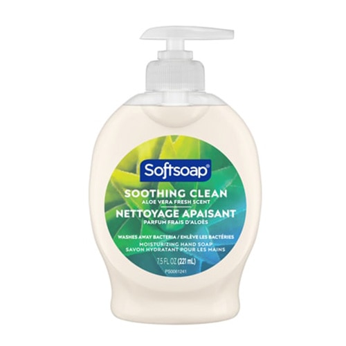 Avant d’un savon à mains à pompe Softsoap Nettoyage apaisant, parfum frais d’aloès.