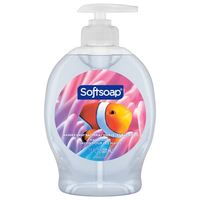Savon pour les mains Softsoap, flacon pompe clair avec étiquette poisson-clown.