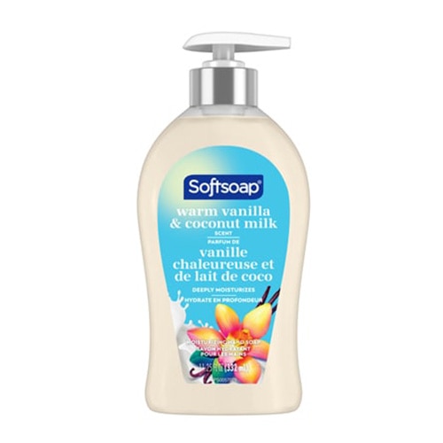 Face du savon à mains Softsoap, parfum vanille chaleureuse et lait de coco, flacon pompe beige, étiquette bleue.