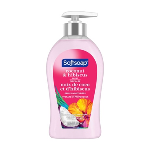 Savon pour les mains Softsoap noix de coco et d’hibiscus, flacon pompe rose.