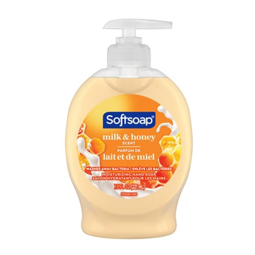 Avant d’un savon à pompe Softsoap, lait et miel, bouteille beige avec images de miel et lait.