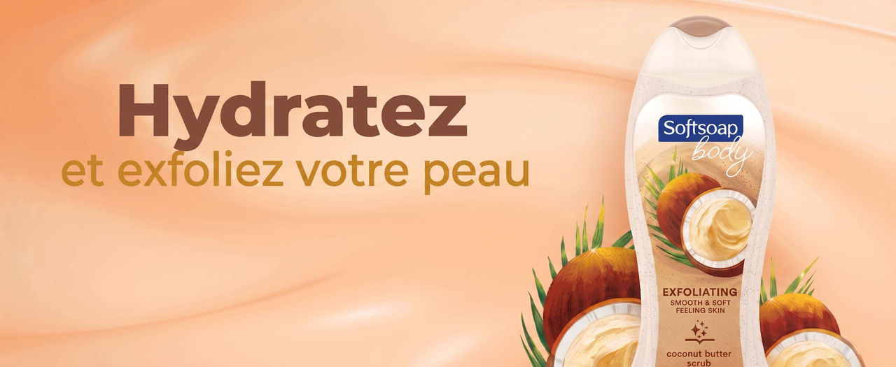 Bouteille de nettoyant exfoliant pour le corps Softsoap au beurre de coco sur fond crémeux avec le texte : Hydrate et exfolie votre peau.