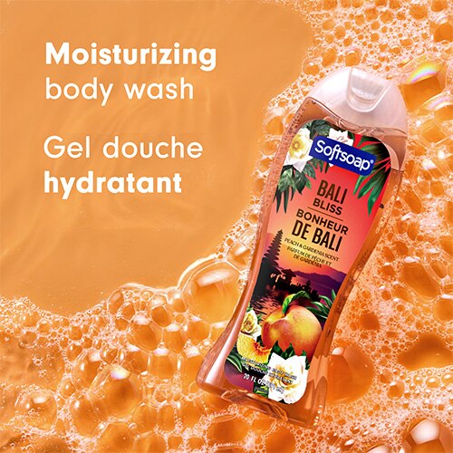 Le flacon Bali Bliss, présenté sur un fond de bulles dorées et translucides. Un texte en anglais et en français indique : Gel douche hydratant.