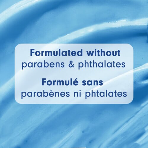 Un fond de texture gel bleue lisse et marbrée. Le texte superposé indique « Formulé sans parabènes ni phtalates » et « Formulé sans parabènes ni phtalates ».