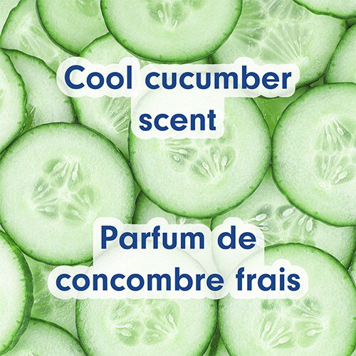 Un visuel frais de tranches de concombre vert, évoquant son profil olfactif croquant. Texte en anglais et en français : Cool cucumber scent, Parfum de concombre frais.