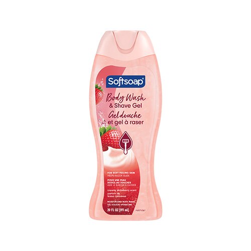 Softsoap 2 en 1 : Nettoyant corporel hydratant et gel de rasage, parfum Fraise crémeuse. Bouteille de 20 onces liquides (591 ml) avec étiquetage en anglais et en français.