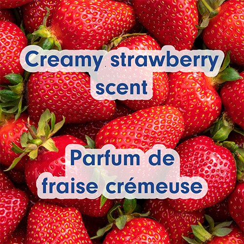 Un tas éclatant de fraises rouges fraîches, représentant le profil olfactif. Texte en anglais et en français : Creamy strawberry scent, Parfum de fraise crémeux.