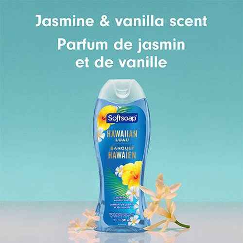 Flacon de gel douche et gel à raser Softsoap au jasmin et à la vanille, placé dans une salle de bain aux tons bleus. Texte en anglais et en français : Body Wash & Shave Gel, Gel douche et gel à raser.