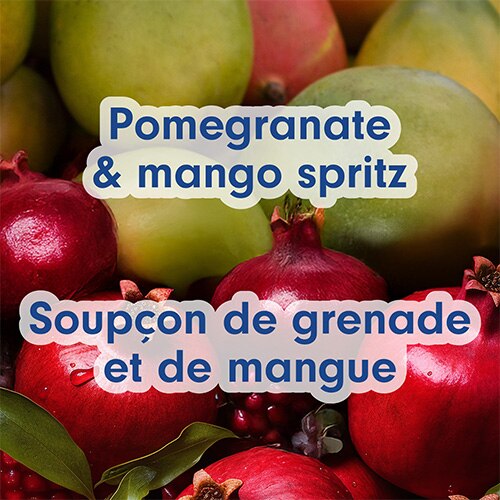 Gros plan en arrière-plan sur des graines de grenade fraîches et une mangue tranchée. Texte en anglais et en français : Parfum grenade et mangue.