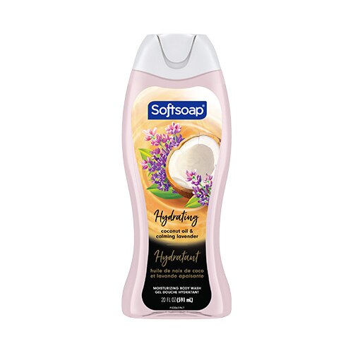 Vue de face d'une bouteille de 20 fl oz (591 ml) de nettoyant corporel hydratant Softsoap, à l'huile de noix de coco et à la lavande apaisante. L'étiquette inclut la traduction française : Hydratant huile de noix de coco et lavande apaisante.