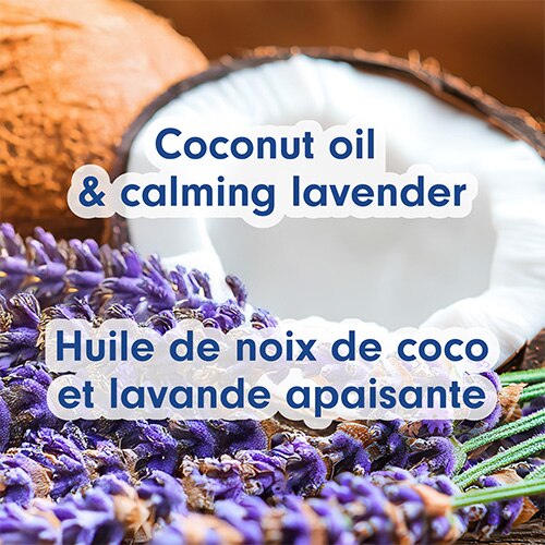Gros plan sur de la lavande fraîche et une noix de coco tranchée. Texte en anglais et en français : Huile de noix de coco et lavande apaisante.
