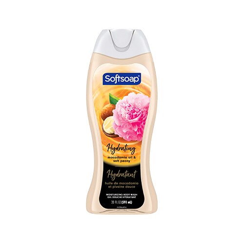 Softsoap Gel douche hydratant, Huiles Lumineuses — Huile de macadamia et pivoine douce, flacon de 591 ml. L'étiquette représente une pivoine rose et des noix de macadamia.