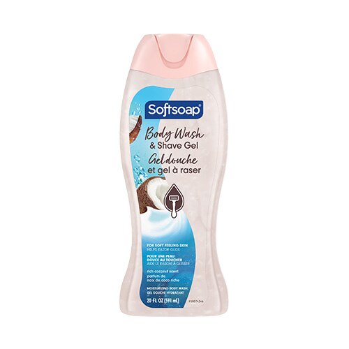 Softsoap 2 en 1 : Nettoyant corporel hydratant et gel de rasage, parfum Noix de coco riche. Bouteille de 20 onces liquides (591 ml) avec étiquetage en anglais et en français.
