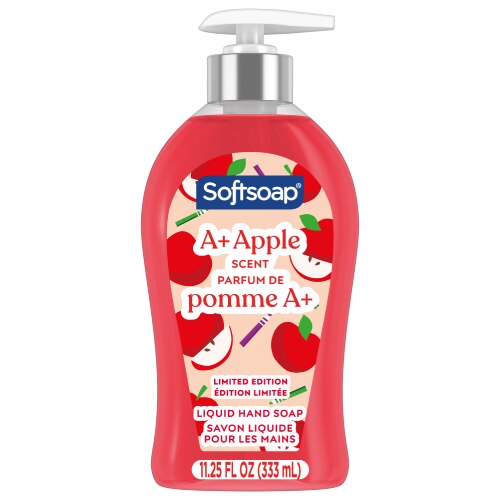 Vue de face du savon liquide pour les mains Softsoap A+ Apple (édition limitée), présenté dans un flacon-pompe de 11,25 onces liquides. L'étiquette arbore le motif d'une pomme rouge et de crayons de couleur.